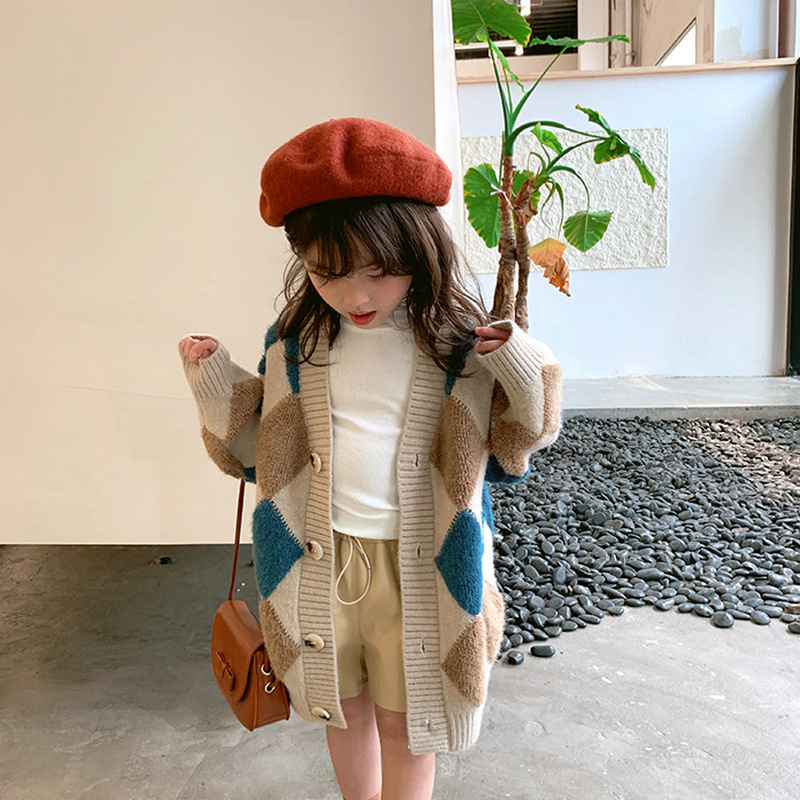 (2개) 소녀의 큰 어린이 코트 다이아몬드 격자 무늬 긴 카디건 스웨터 23 가을과 겨울 새로운 대외 무역 어린이 다이파 6-15 세