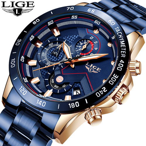 LIGE/Lige cross-border specializes in men's business quartz watches with three eyes and six needles multi-functional waterproof timepieces