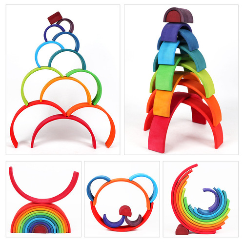 Rainbow building blocks, basswood large storage box, little people building Jenga, children's educational toys, pyramid building blocks