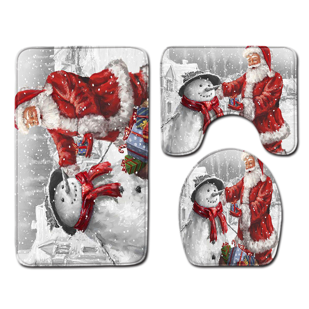 Navidad muñeco de nieve alfombra de baño alfombra de puerta inodoro de tres piezas antideslizante alfombra de piso transfronterizo en stock deseo amazon 1