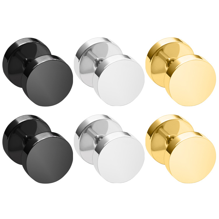 Estilo coreano de los hombres Barbell pendientes espejo pulido de acero inoxidable mancuerna pendientes hip hop personalidad ronda pastel pendientes al por mayor