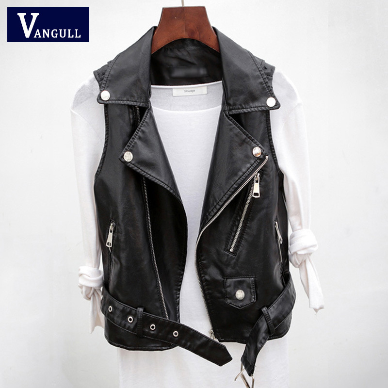 Spring and Autumn New Leather Vest Women's Short Korean Style Sleeveless Leather Jacket Pu Cut Shoulder Small Belt Leather Jacket