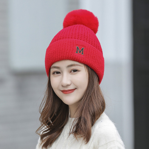 Japanese new style M letter hat fashionable knitted hat for women Korean version winter plus velvet warm hat fur ball woolen hat