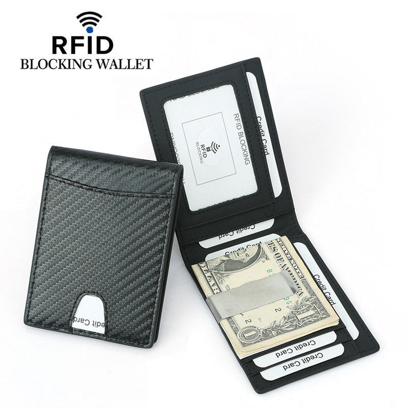 Cross-border new men's carbon fiber pattern dollar clip Best-selling cowhide short RFID anti-theft brush money clip