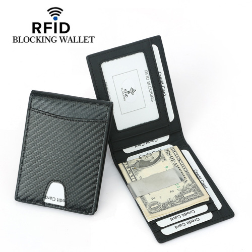 Cross-border new men's carbon fiber pattern dollar clip Best-selling cowhide short RFID anti-theft brush money clip