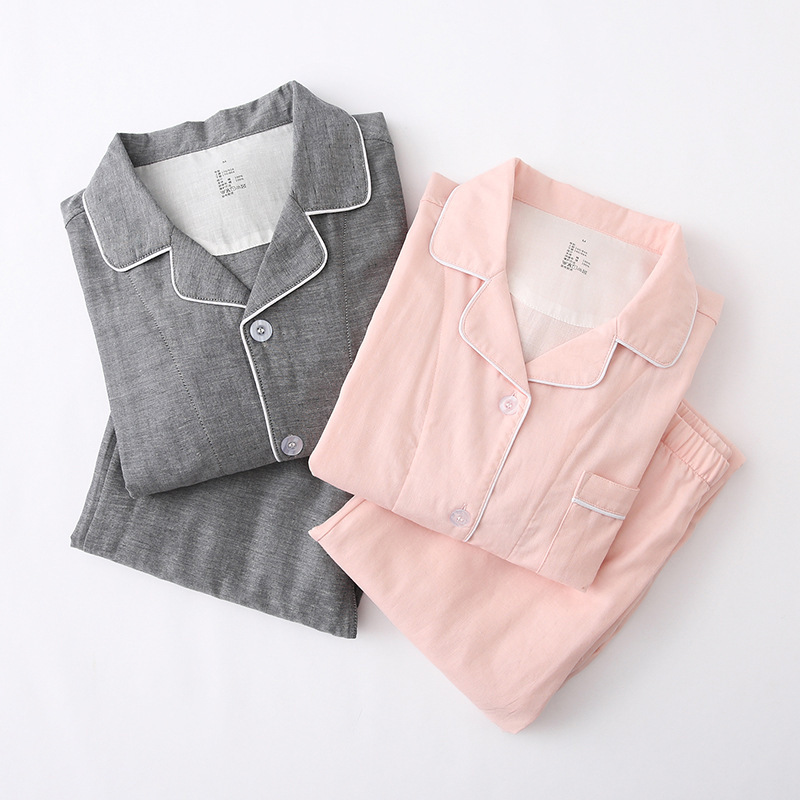 2023 Autumn and Winter Men's and Women's Solid Color Couple Pajamas Double-Layer Yarn Cotton Long Sleeve Non-Printed Cotton Casual Home Clothes