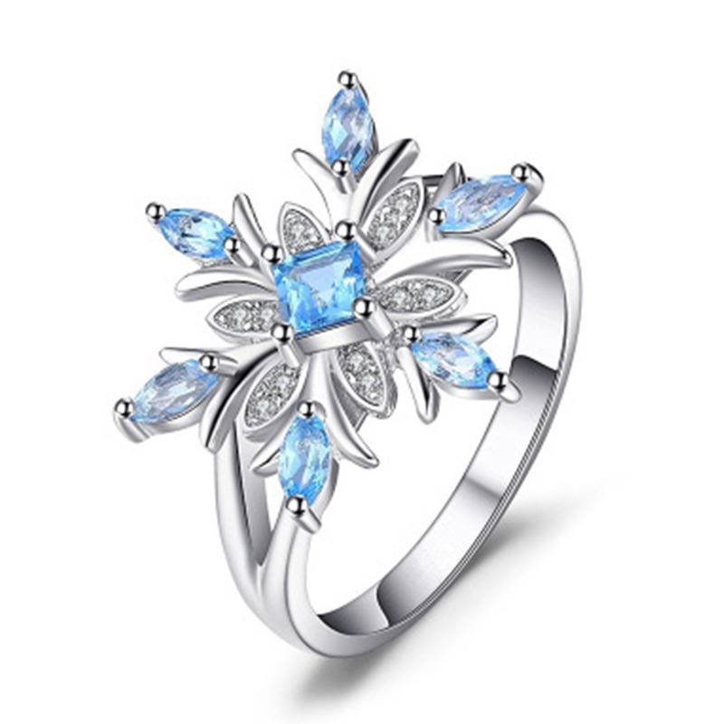 Chenrui cross-border e-commerce new zircon light blue snowflake ring Europe and the United States popular engagement banquet jewelry