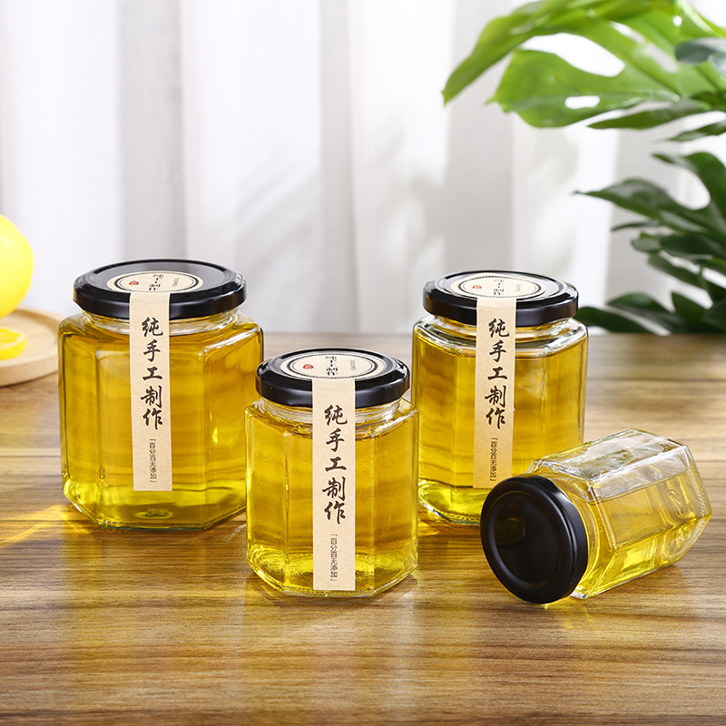 Wholesale hexagonal glass bottle hexagonal honey bottle sealed glass fruit jar pepper jam bottle