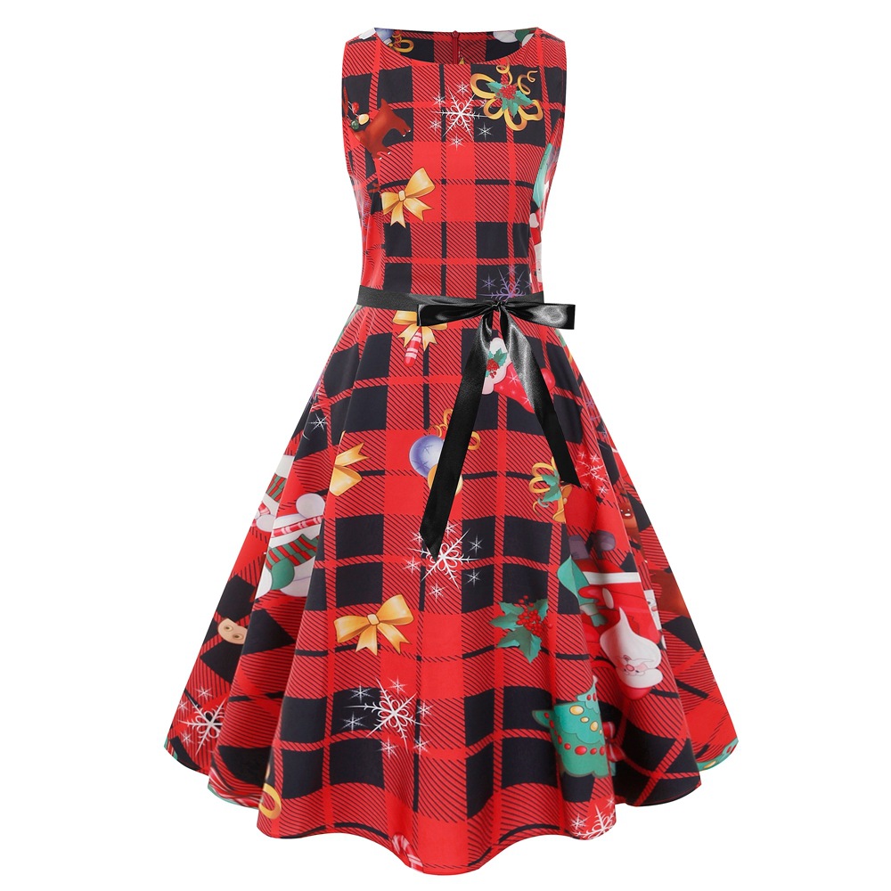 Cross-border European and American Christmas Clothes Women's 2022 New Hepburn Style Vintage Plaid Printed Dress Dress