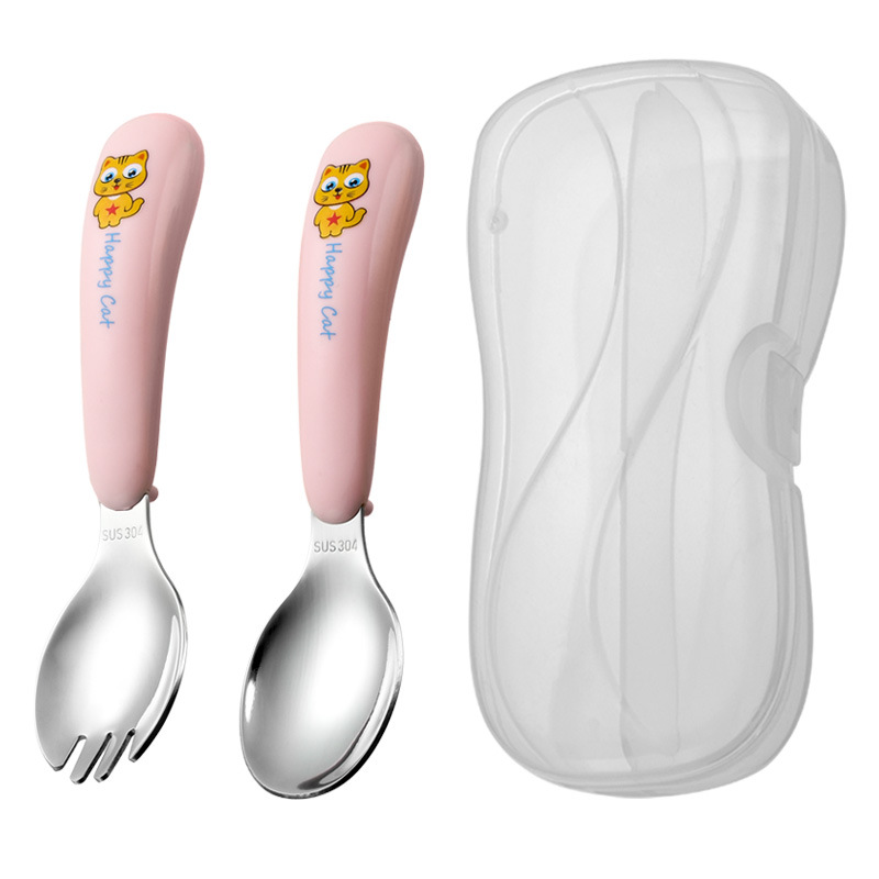 노란 고양이-분말 포크 스푼-투명 상자