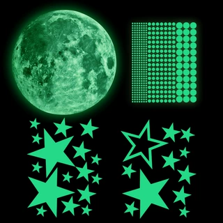 亚马逊435pcs夜光月球星星圆点墙贴荧光自粘儿童房装饰贴夜光墙贴