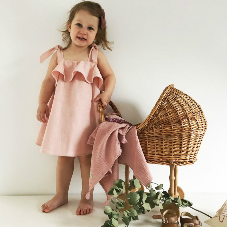 ins New Girl Cotton Linen Solid Color Sling Dress Fashion Ruffled Pleated Skirt Girl's Dress Cross Border