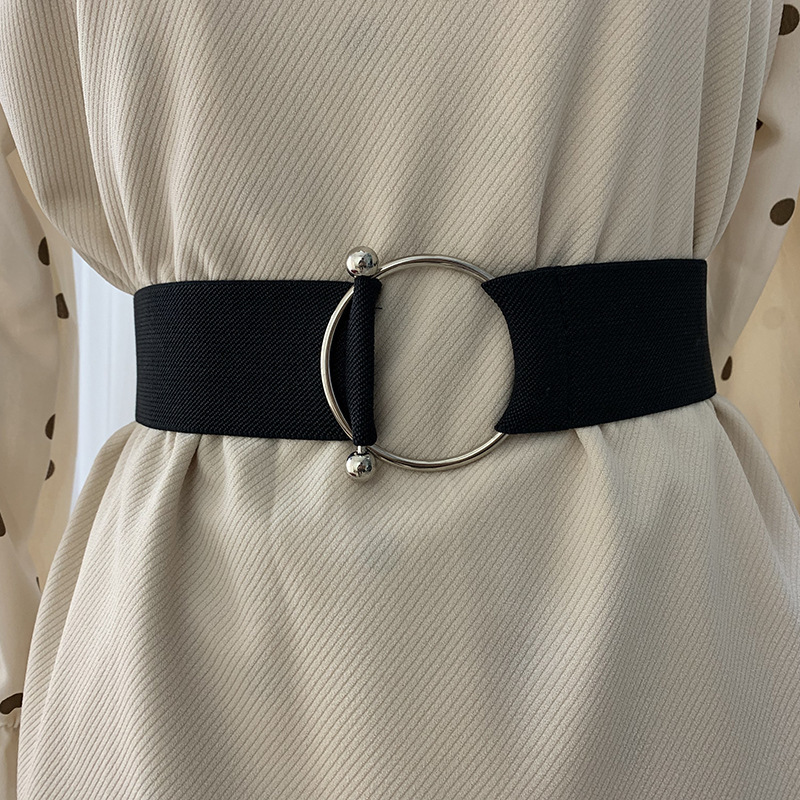 Black Simple Waist Seal Elastic Women's Belt Wide Round Buckle Decorative Tight Waist Coat Sweater Fashion Matching Skirt
