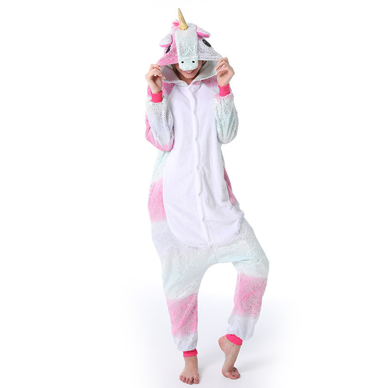 New Flannel Autumn and Winter Couple Cartoon Animal Onesie Pajamas Pegasus Unicorn Adult Kigurumi Sequins