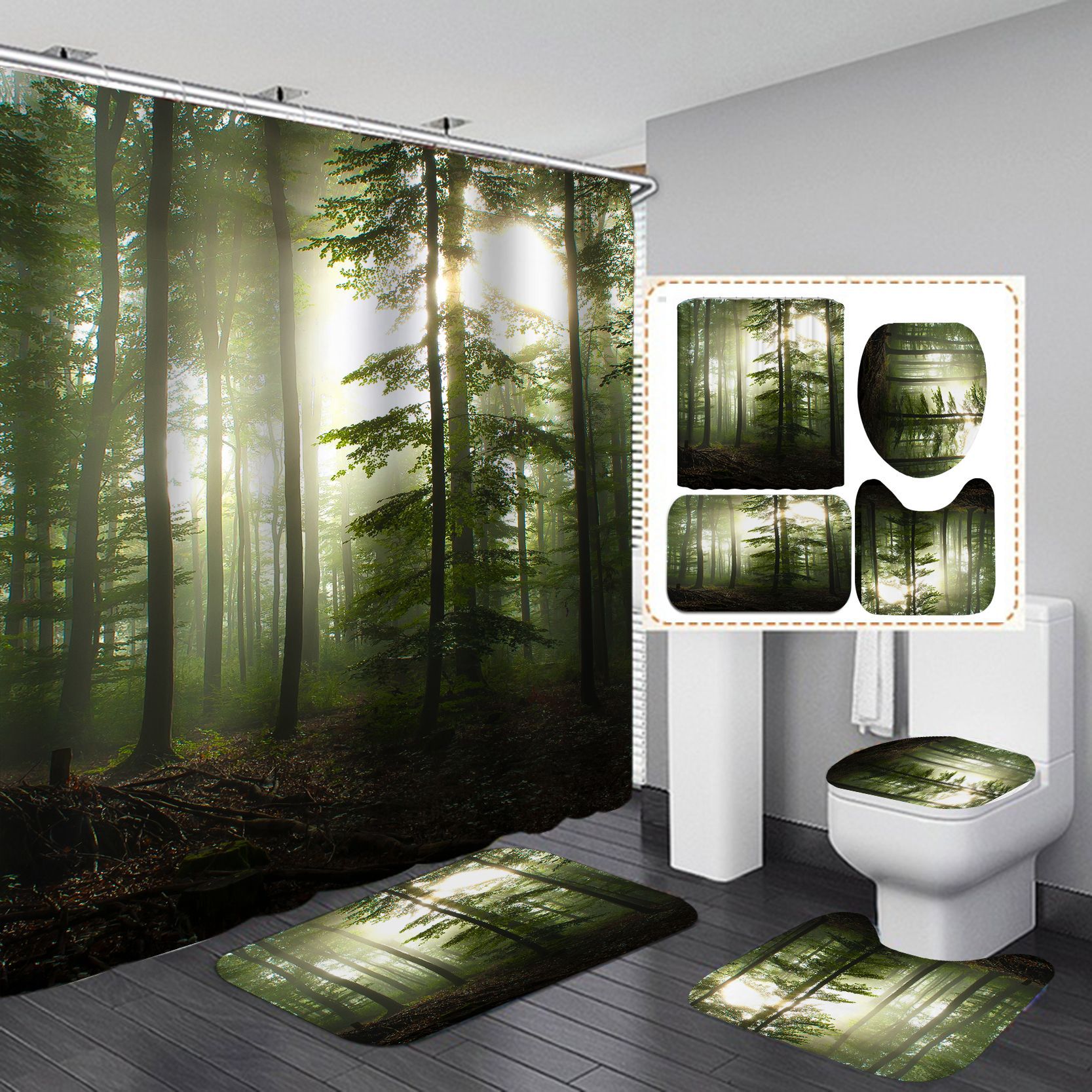 Impresión digital 3D de poliéster Cortina de ducha imagen de fondo Cortina de ducha de cuatro piezas impermeable y a prueba de moho cortina de baño entrega de una pieza