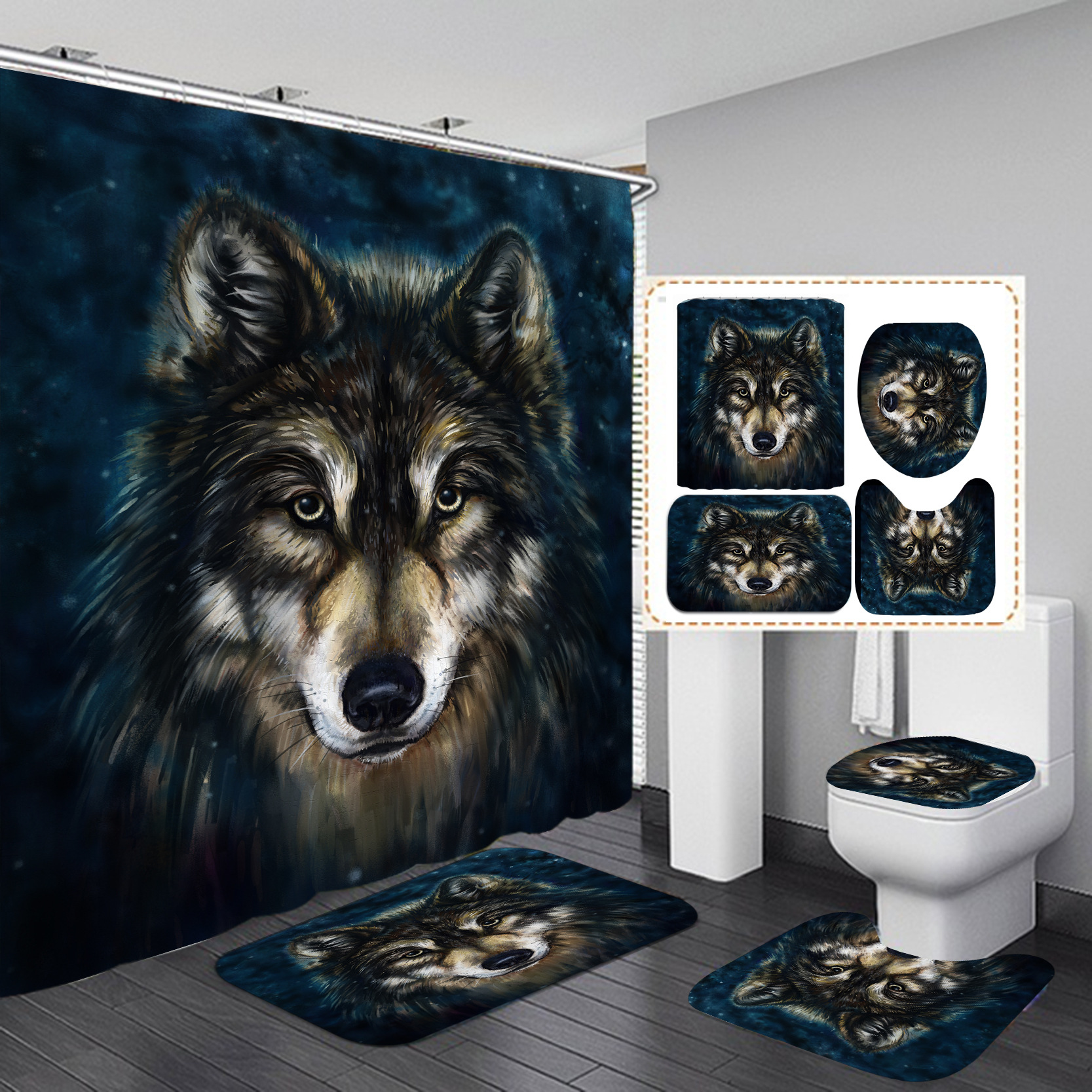 Cortina de ducha impermeable, gruesa y resistente al moho de la serie Wolf, impresión digital nórdica de alta gama, suministro directo del fabricante, venta al por mayor de cortinas de ducha.