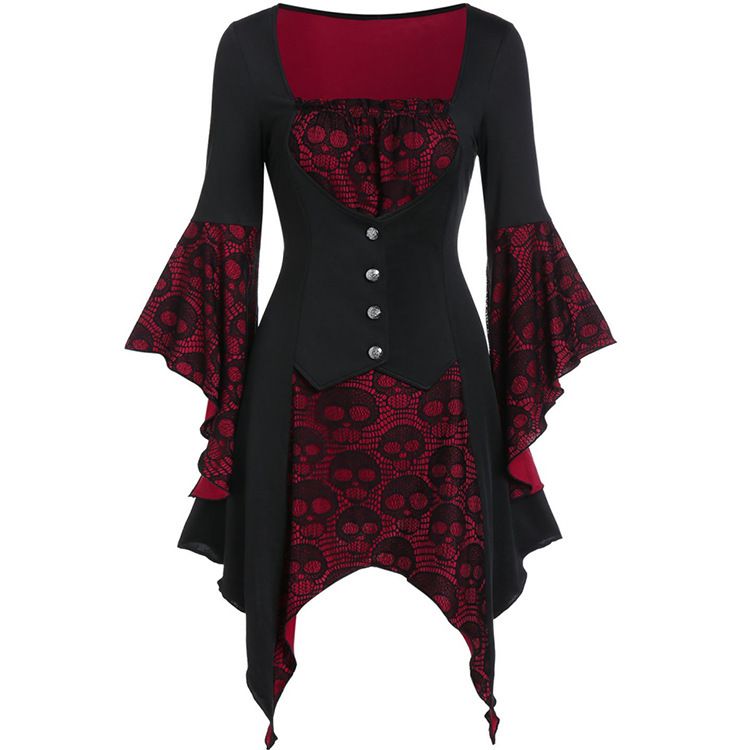 2026 Cross-Border Amazon Women's Halloween Lace Skull Button-Up Top