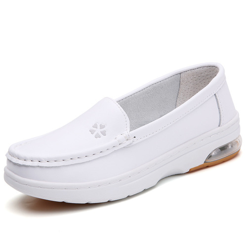 Leather nurse shoes for women, new spring and autumn fashion, versatile cushioned nurse shoes with added lining, large size white hospital work shoes