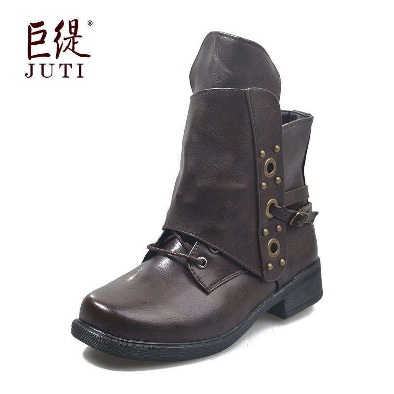 2020 New Autumn and Winter Wish Amazon Independent Station Large Size Retro Round Toe Side Zipper Women's Leather Boots