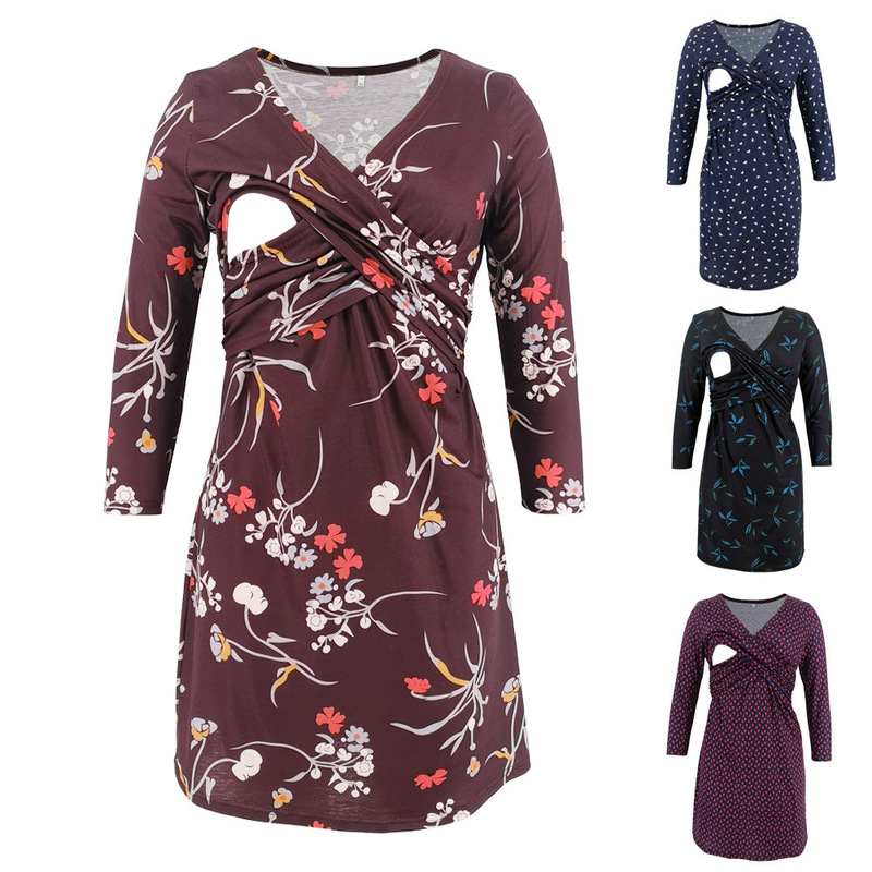 2020 Foreign Trade Maternity Dress Multi-Color Printed Deep V-Neck Three-Quarter Sleeve Cross Nursing Dress Party Gown