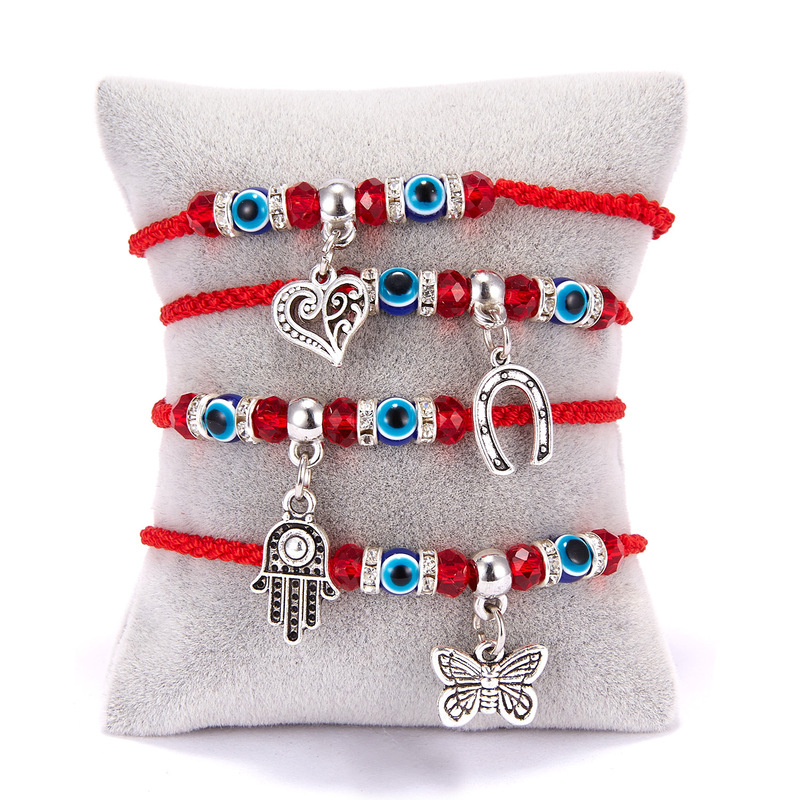 Factory Direct Sales European and American Style Butterfly Turtle Owl Palm Blue Eye Evil Eye Red String Woven Bracelet Handmade