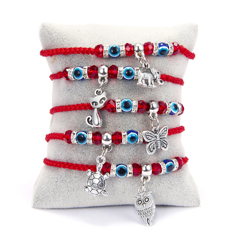 Cross-Border European and American Fashion Butterfly Turtle Owl Palm Blue Eyes Evil Eye Red Rope Braided Adjustable Bracelet Stackable Wear