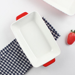 原創長方形可愛草莓烤盤ins 釉下彩浮雕雙耳陶瓷水果托盤烘焙盤