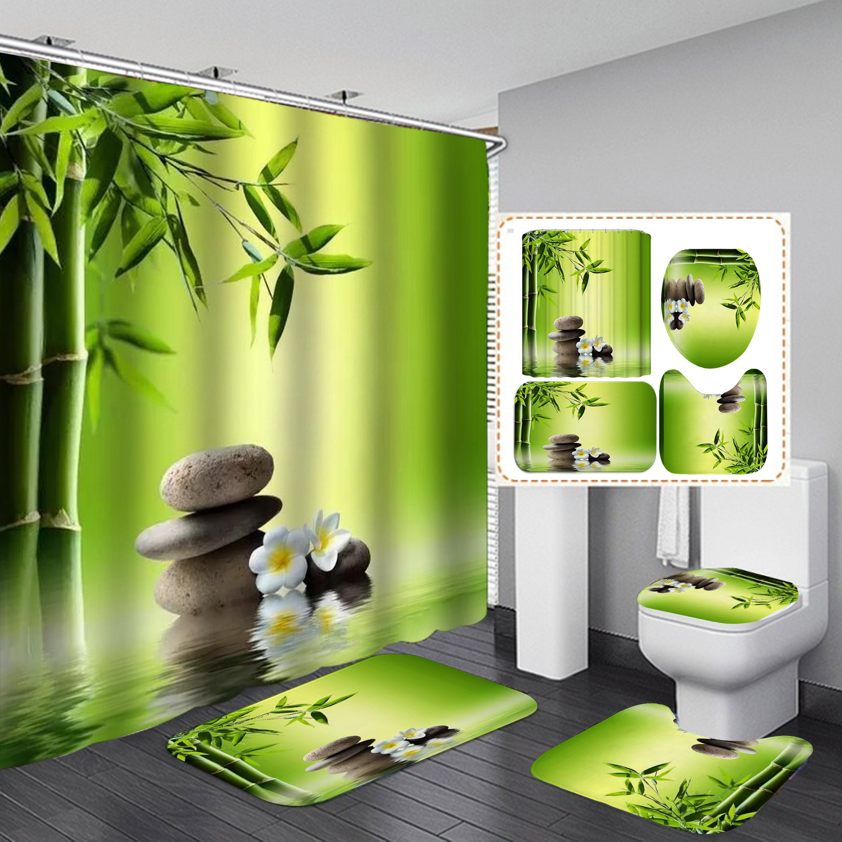 Amazon Venta caliente Impresión digital poliéster agua traje de bambú serie Home Hotel baño Cortina de ducha suministro directo de fábrica