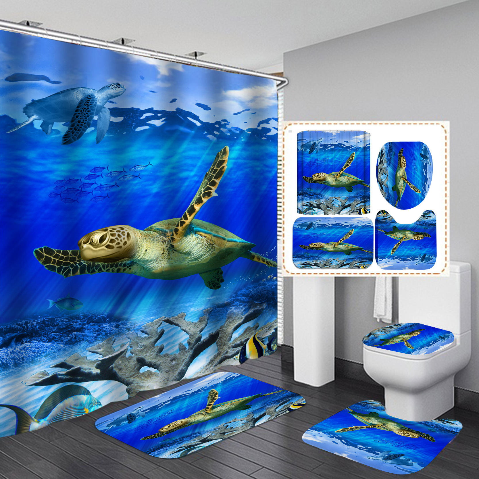 Suministro directo transfronterizo Hotel baño Impresión digital impermeable tortuga serie Cortina de ducha suministro directo de fábrica Cortina de ducha al por mayor