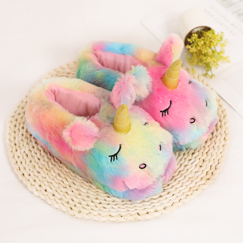 Autumn and Winter New Unicorn Cotton Slippers, Cartoon Cute Thickened Closed-Back Warm Home Floor Slippers, Thickened and Warm