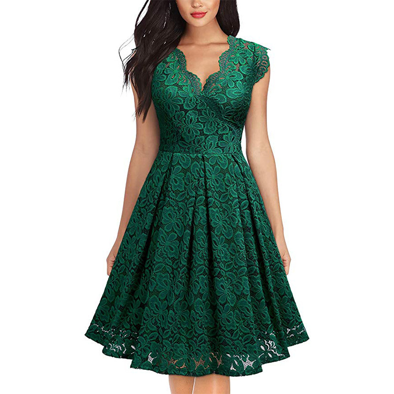 Vintage Lace V Neck Sleeveless Cocktail Dress Short Sleeve Flared Hem Elegant Style Wholesale Available
