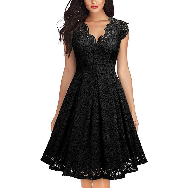 Vintage Lace V Neck Sleeveless Cocktail Dress Short Sleeve Flared Hem Elegant Style Wholesale Available