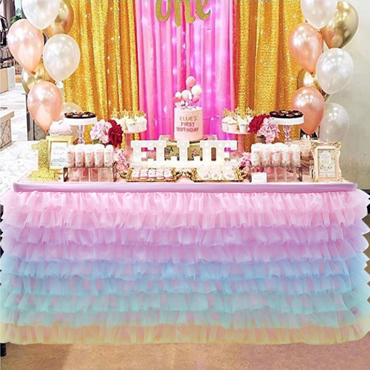 Amazon Explosions Irregular Bright Silk Mesh Tablecloth Table Skirt Christmas Party Birthday Wedding Multi-Layer Table Skirt