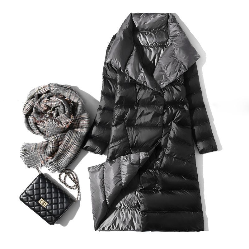 Cross-border Autumn and Winter Lightweight Large Lapel Down Jacket Women's Autumn and Winter Fashion Mid-length Over-the-knee European and American Two-sided Jacket