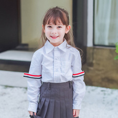 2023秋季歐美新款百搭撞色條紋TB風格襯衣長袖襯衫女童上衣