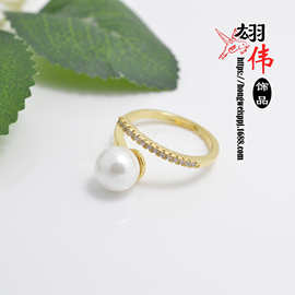 DIY饰品配件 创意时尚珍珠戒指空托 可调节简约一字戒托 批发