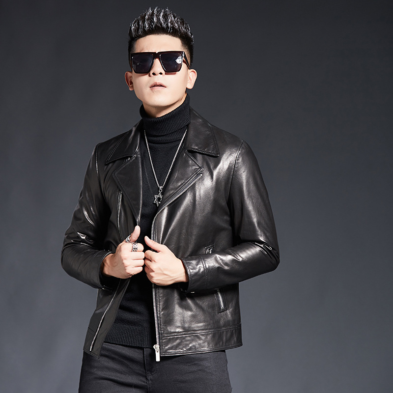 真皮皮衣男海宁山羊皮机车款翻领短款夹克帅气青年潮休闲皮外套