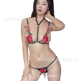 大码情趣内衣刺绣玫瑰花睡衣裙挂脖文胸丁字开档内裤三点式套装款