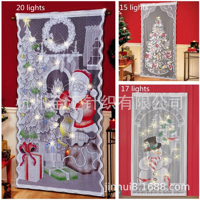 Christmas Curtain Lace Door Curtain Spray Flower Snowman Lace Curtain LED40x84 Santa Claus Tree Curtain with Light