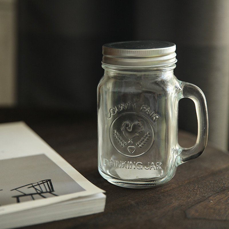 批发480ml创意公鸡杯透明梅森玻璃水杯果汁饮料瓶咖啡杯带把手盖