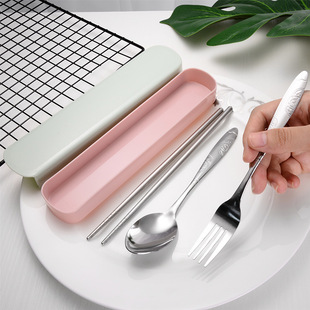 Stainless Steel Tableware Set Portable Tableware Three-piece Set Wheat Straw Boxed Fork Spoon Chopsticks Gift