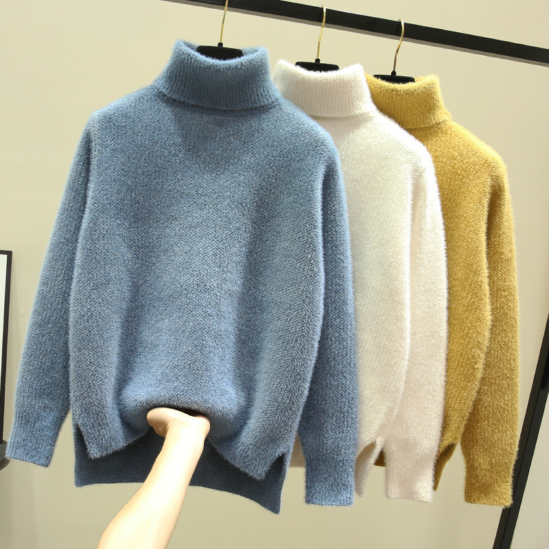 Imitation Mink Velvet Soft and Waxy Pure Color Turtleneck Sweater for Women Autumn and Winter New Korean Style Loose Slimming Look Chenille Knitted Bottoming Shirt
