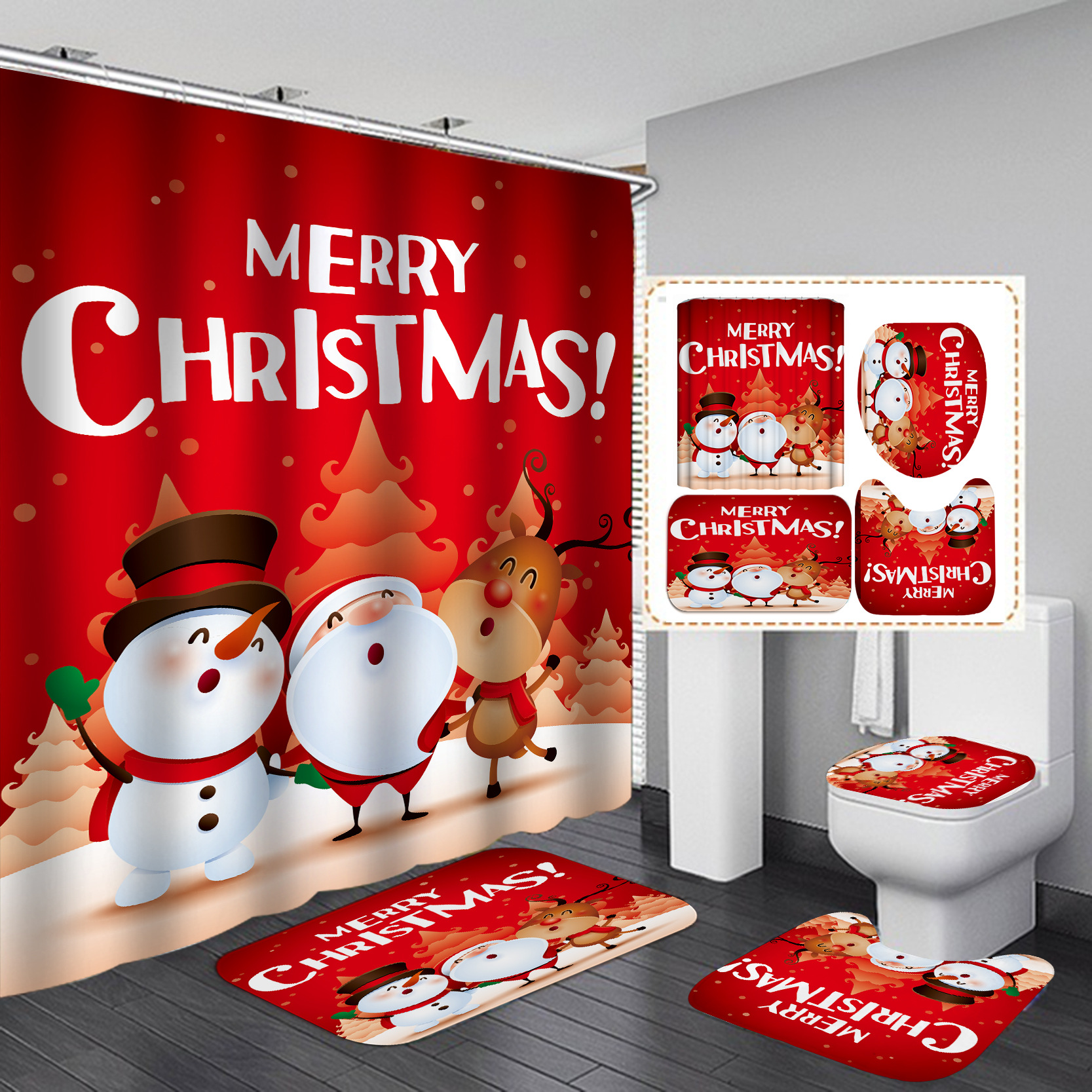 Suministro directo transfronterizo Impresión digital poliéster impermeable Navidad muñeco de nieve serie baño Cortina de ducha suministro directo de fábrica Cortina de ducha al por mayor