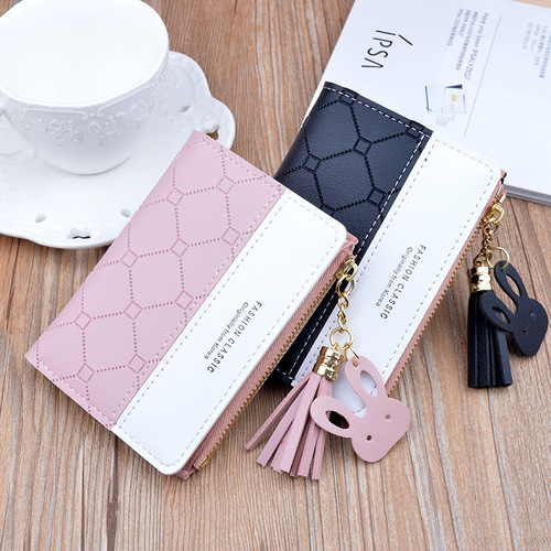 New small wallet for women short zipper tassel wallet for female students Korean style fashion plaid contrasting color coin purse card holder