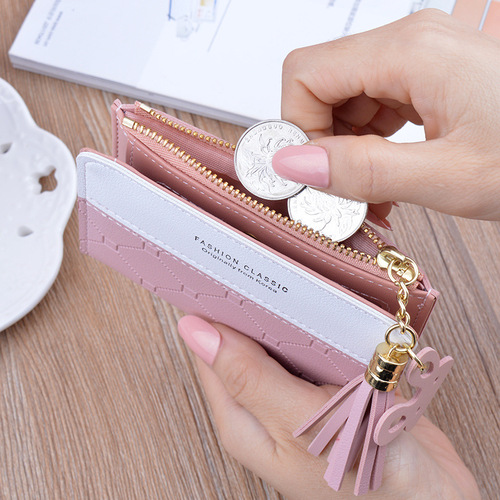 New small wallet for women short zipper tassel wallet for female students Korean style fashion plaid contrasting color coin purse card holder