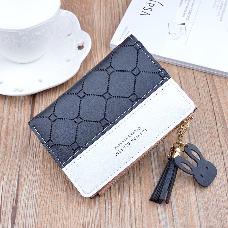 New Arrival Small Wallet Women's Short Zipper Tassel Wallet Female Student's Korean Style Fashion Plaid Contrast Color Coin Purse Card Holder