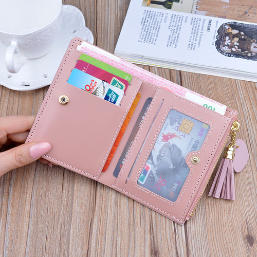 New small wallet for women short zipper tassel wallet for female students Korean style fashion plaid contrasting color coin purse card holder