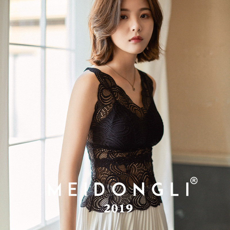 New Style Full Lace Hollow V-Neck Beautiful Perspective Beautiful Back Free Bra Base Small Sling Thickened Chest Pad Long Wrap Chest