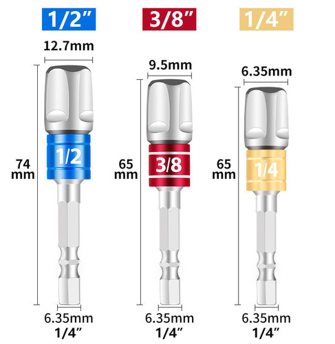 3-piece set of colorful hexagonal screwdriver and wind bit conversion adapter, 1/2 square head, 3/8 socket, 1/4 electric screwdriver