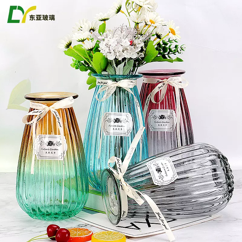 大肚竖条纹花瓶家用玻璃摆件简约清新水培鲜花玻璃瓶客厅装饰花瓶